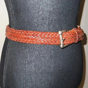 Vintage Braided Leather Belt in Deep Whiskey Brown Heavy Antique Silver Buckle M